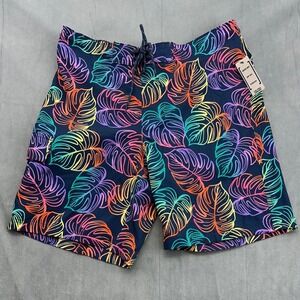 George Mens Large Navy Tropical Leaf Board Shorts Quick Dry Stretch 36-38 Liner